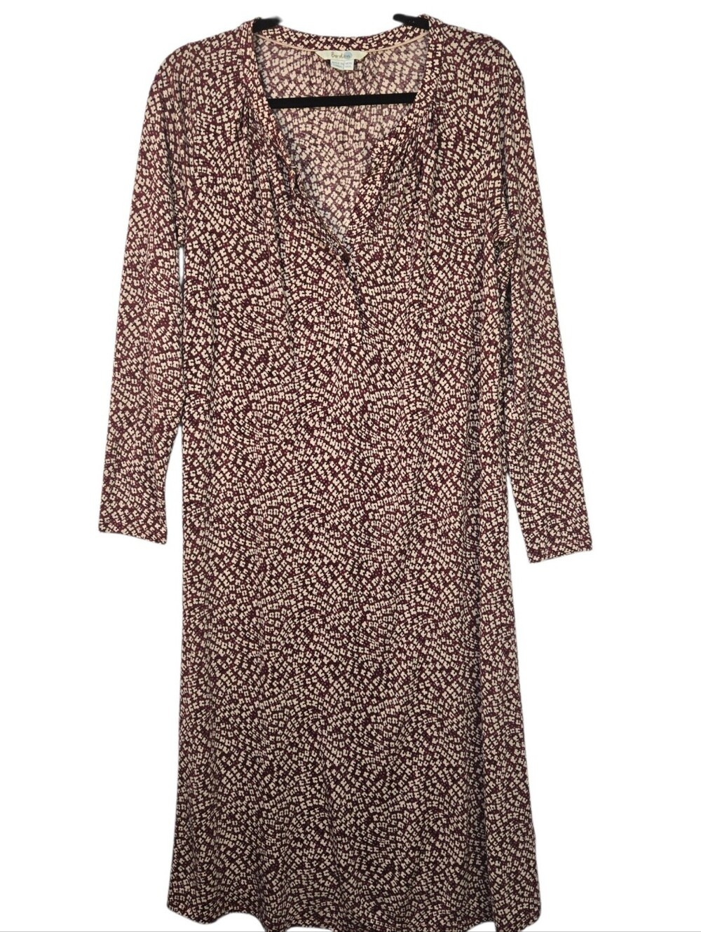 BODEN Size 6L L/Sl Burgundy Printed Women's Shirt Dress, Button V-neck